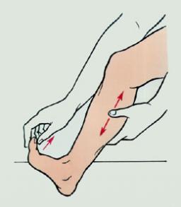 Если судороги случились ночью, разгибайте стопы одной рукой с одновременным разминанием мышц голени другой рукой вверх-вниз.